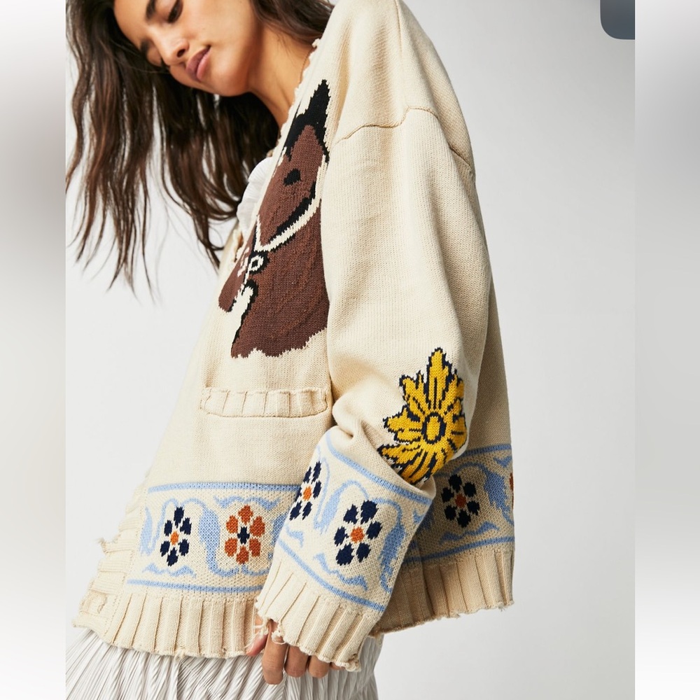 Free People Cream Intarsia Cardigan with Brown Bear and Yellow Floral Trim